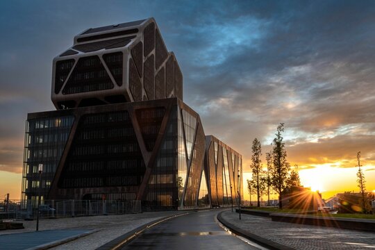 Low-angle view of Justice building in Hasselt, Belgium at sunset