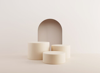 Empty cylinder podium on minimal background. Abstract minimal scene with geometrical forms. Design for product presentation. 3D rendering.
