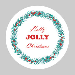 A set of stickers with different inscriptions Merry Christmas. Happy New Year 2023. Vector design of a round greeting card, stickers, emblems, tags with text and a fir wreath with berries