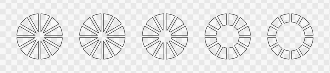 Outline donut charts or pies segmented on 12 equal parts. Set of infographic wheels divided in twelve sections. Circle diagrams or loading bars on transparent background. Vector graphic illustration