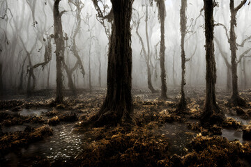 A foggy swamp. Dark and mysterious. 