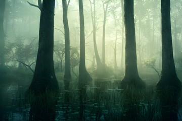 A foggy swamp. Dark and mysterious. 