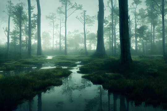 A foggy swamp. Dark and mysterious. 