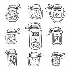 Vector set of glass jars with jam. Preservation of berries