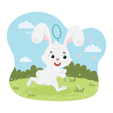 A funny white rabbit with a net catches butterflies. Summer character, active rest. Small season vector illustration in flat cartoon style.