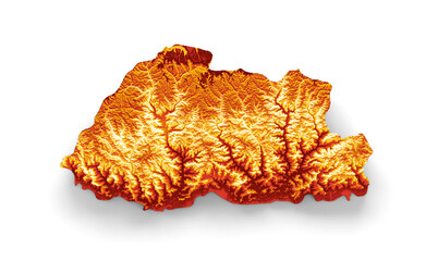 Bhutan map with the flag Colors Orange and yellow Shaded relief map 3d illustration