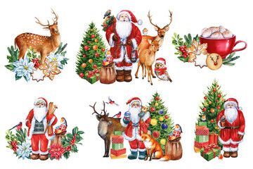 Set watercolor Santa Claus and animal isolated on white background. New year, Christmas holiday.