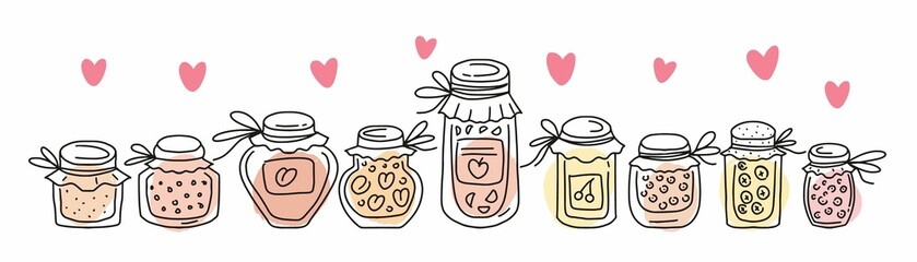 Jars of jam and canned food hand-drawn in the style of a doodle