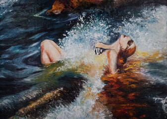 The girl is covered by a sea wave. A woman rests on the sea. Modern oil painting
