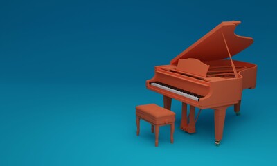 3d illustration, classic piano, blue background, copy space, 3d rendering.