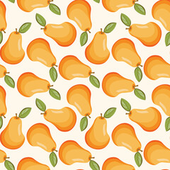 Seamless pattern with pear on white background. Natural delicious fresh ripe tasty fruit. Vector illustration for print, fabric, textile, banner, other design. Stylized pears with leaves. Food concept