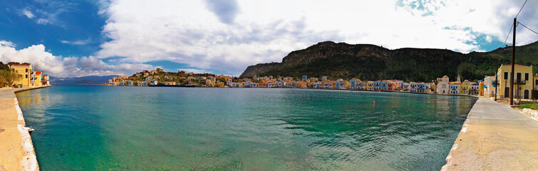 Kastellorizo greek island - Megisti -harbour and sea port panoramic view of bay - Dodecanese, Greece: 14 october 2022
