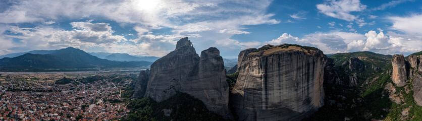 Greece Meteora landscape panorama. Kalabaka village and rock formation. Europe travel destination