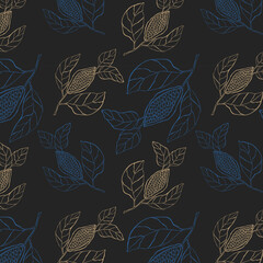 Luxury pattern dark blue and gold cocoa branch contour doodle . Vector illustration