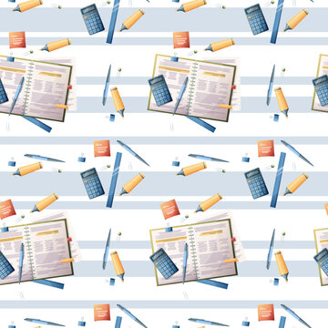 Seamless pattern with textbooks and school supplies on a striped background. The texture is great for paper, wallpaper, textiles. school theme, back to school, study