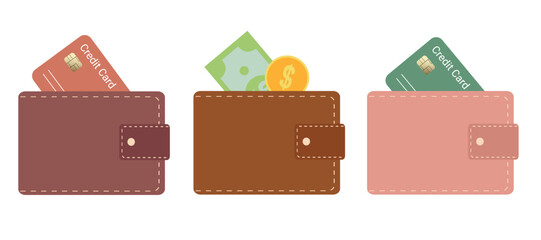 Set of multicolored wallet icons. Leather wallet. Isolated on white background. Vector illustration in a flat style.