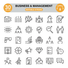 Business And Management icon set. Editable stroke. Pixel perfect. icon set contains such icons as jigsaw puzzle, gear, pen, diploma, mountain peak, diamond, chart, light bulb, chess knight, briefcase,