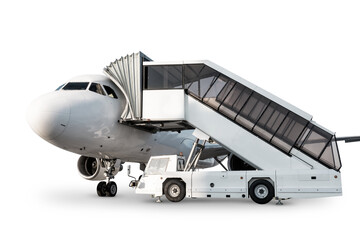 Passenger airplane with air-stairs isolated on transparent background