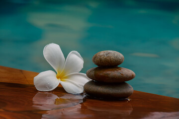 Frangipani flower beside a stack of flat stones showing the concept of balance, healing and wellness