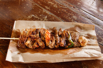 Close up of a vegan marinated mushroom and vegetables barbecue