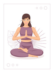 Yoga young woman, card concept. Beautiful girl in a suit doing yoga. Healthy lifestyle. Poster. Template. Illustration in a flat style.