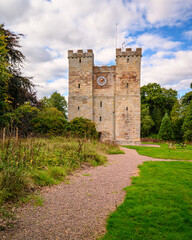 Fototapeta na wymiar Preston Pele Tower in portrait, which is a 14th century bastle of medieval construction located in Northumberland near the coast and was a fortified dwelling for protection against the Border Reivers