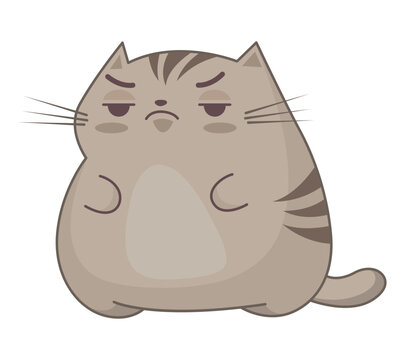 Funny cartoon vector fat cat with grumpy face. Lazy overweight pet illustration.