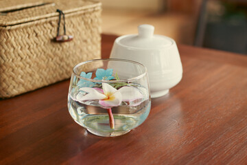 A frangipani flower in a glass of water as a table centerpiece showing a relaxing living space, wellness and wellbeing