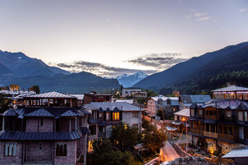 Fototapeta na wymiar Mestia city landscape overlooking the Caucasus Mountains, Georgia 