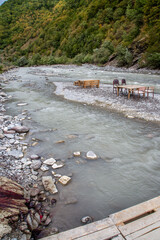 Traces of blood after a lamb is slaughtered by a river, Georgia

