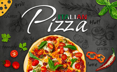 Pepperoni pizza ads with delicious ingredients on chalkboard background. Street food poster, menu or signboard. Cartoon drawing of pizza. Pencil drawing of vegetables and spices. - 533942425