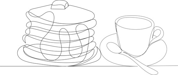 pancakes with tea one line drawing, sketch, isolated vector