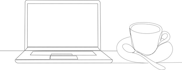 laptop and coffee one line drawing, sketch, isolated vector