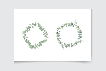 Watercolor vector wreath with green eucalyptus leaves, flowers and branches.