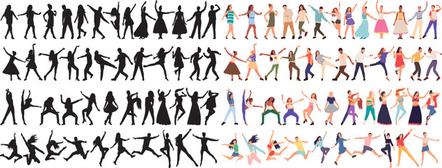set of people dancing silhouette on white background