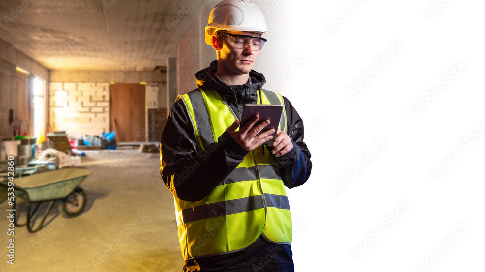 Poster builder man with tablet. engineer with electronic tablet. man in builders uniform. guy builder in bu