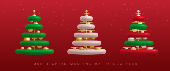 Set of 3D realistic plastic Christmas trees. Merry Christmas and Happy new Year greeting card. Vector illustration