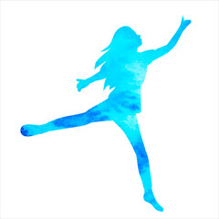 woman jumping watercolor silhouette on white background isolated