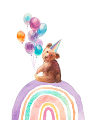 Watercolor cute birthday card. Baby bear bring air balloons. Isolated cartoon design on white background