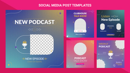 Editable templates for social media. Music and podcast promotion post banner. Ad design with colorful gradient background.
