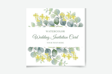 Watercolor green floral banner with silver dollar eucalyptus leaves and branches isolated on white background.