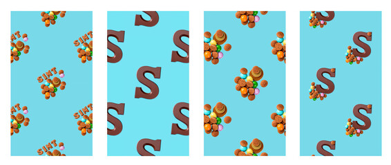 Set of stories templates Dutch holiday Sinterklaas phone background. Collage with chocolate letter,...