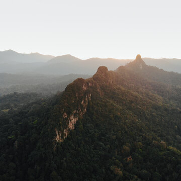 Aerial view sunrise at Bukit Tabur hill, Malaysia. Famous hill for hiking