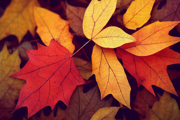 Naklejka na ściany i meble Autumn leaves in red, yellow and orange, digital art