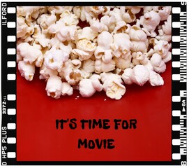 close up of popcorn on red background with text it is time for move, with old film frame, vintage advertisement