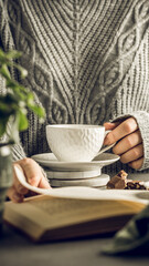 Stories templates in smartphone vertical format with cup of coffee and chocolate. Woman drinking coffee and reading book. Toned photo