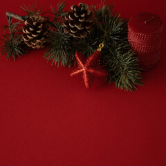 pine cones on a Christmas tree branch decorated with a Christmas red star