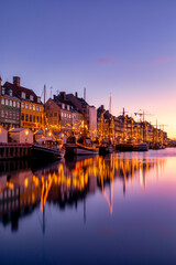 Nyhavn Canal at sunrise, Christmas time, Copenhagen, Denmark