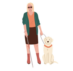 Blind woman wearing black glasses, walking with a stick and guide dog. Disable person. Flat vector illustration.