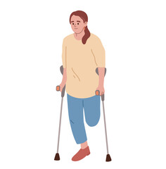 Young woman without leg on crutches. Disabled person without leg. Limb amputation. Flat vector illustration.